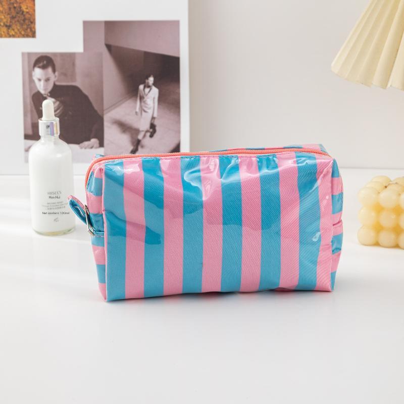 Pvc Striped Cosmetic Bag Makeup Bag With Zipper Waterproof Travel Toiletry Bag Makeup Brush Case 1Pc