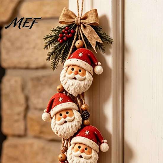 Reusable Christmas Hanging Decor Santa Claus Ornament, 2D Flat Tree Decoration, Rustic Wood Holiday Wall Sign with Pine Branches & Berries for