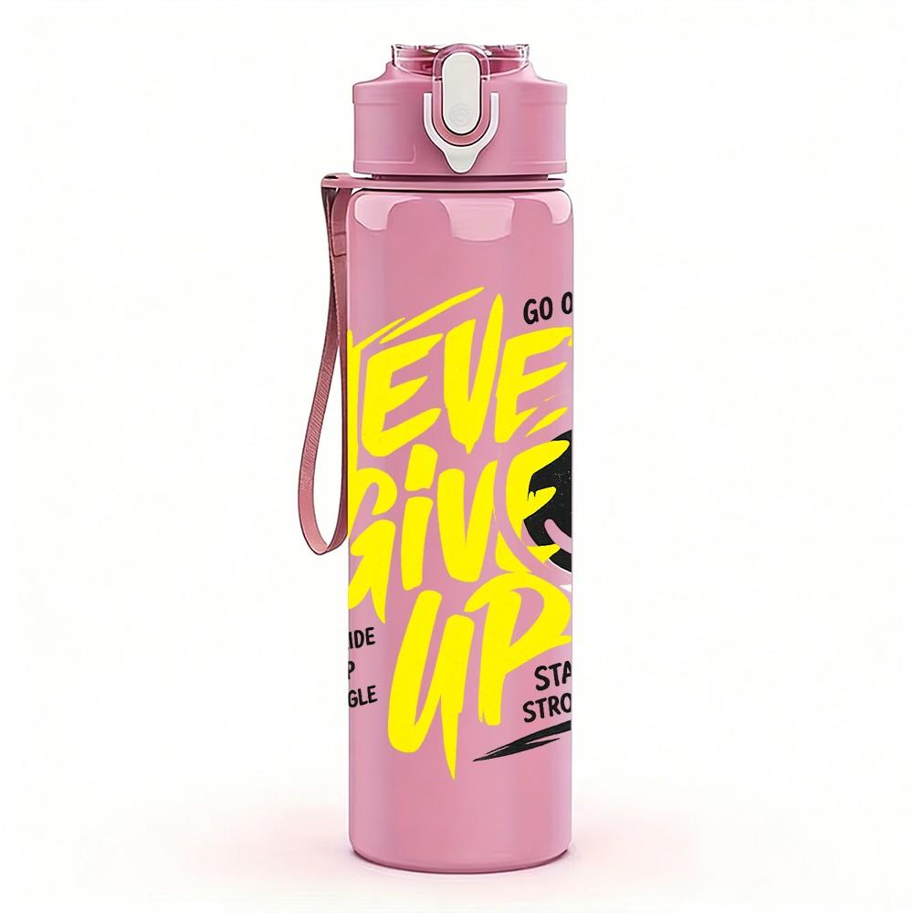 1PC Never Give Up Yellow Slogan Print 750ml Color Plastic Sports Water Bottle Leakproof Flip Straw Lid Suitable for Sports Office Home Use