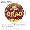 Graduation Party Disposable Tableware Set: Paper Plates, Cups, Banner, Tablecloth, and Knives. Perfect for University Graduation Celebrations.
