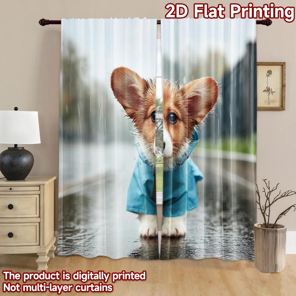 2D flat printing 2pcs Curtains Cute Corgi Dog Raincoat Digital Printed Polyester Drapes Family Party for living room decor for