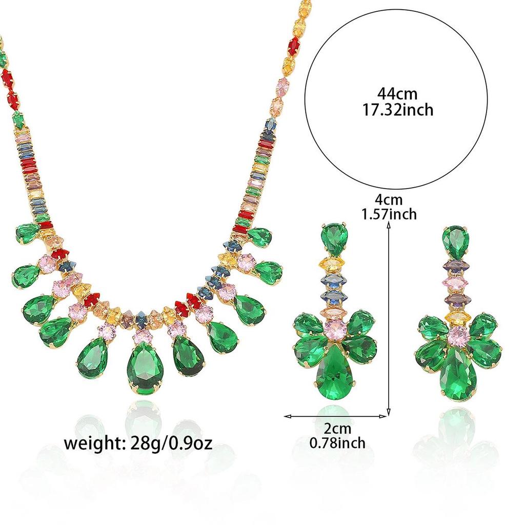 European & American Style Zircon Emerald Necklace & Earrings Set: Plum Blossom Design for a Fashionable, Elegant Look.