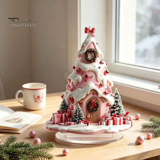 Sturdy Seasonal Shelf Decorations Winter Christmas Tree Cottage Table Decoration, Double Sided Acrylic Xmas Cabin Ornament Indoor Atmosphere