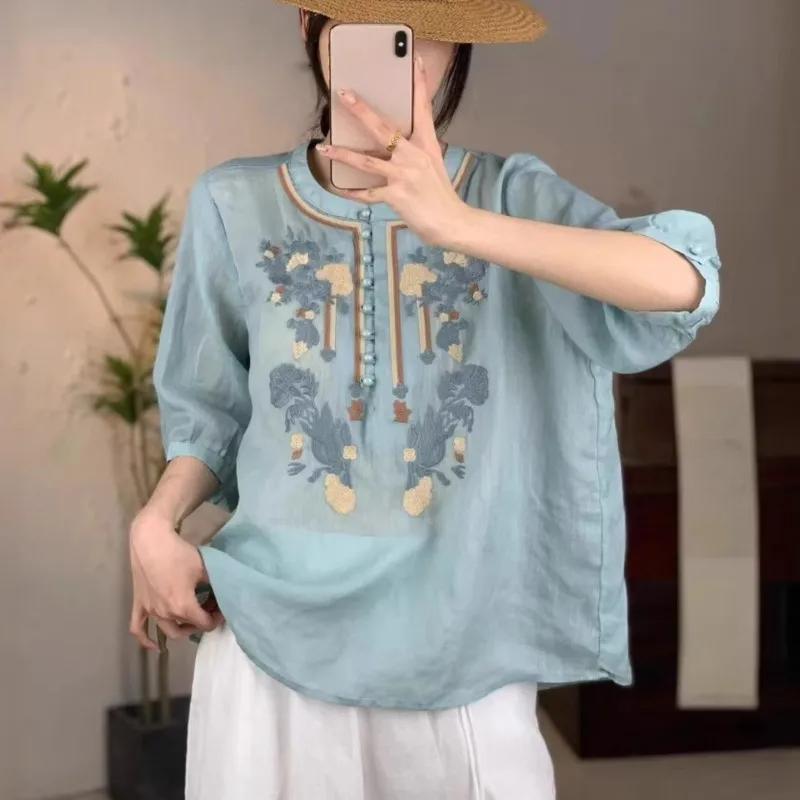 Johnature Women Embroidery Floral Shirts Tops O-Neck Half Sleeve Blouses Summer Vintage Solid Color Shirts