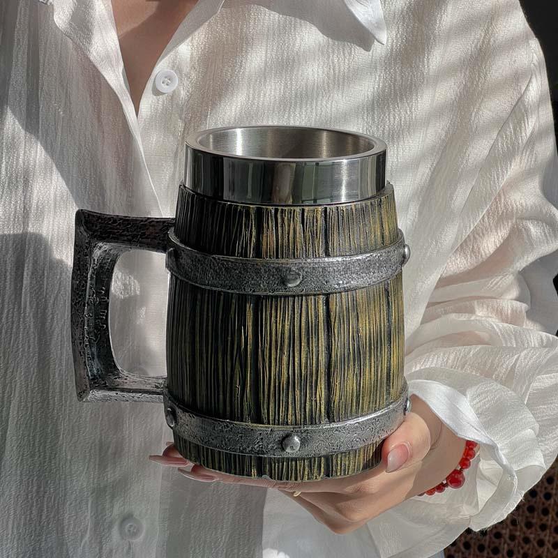 Viking Wood Style Beer Mug 3D Resin Stainless Steel Coffee Cup Wine Glass Metal Double Wall Mug Beer Jug Cup Thermal