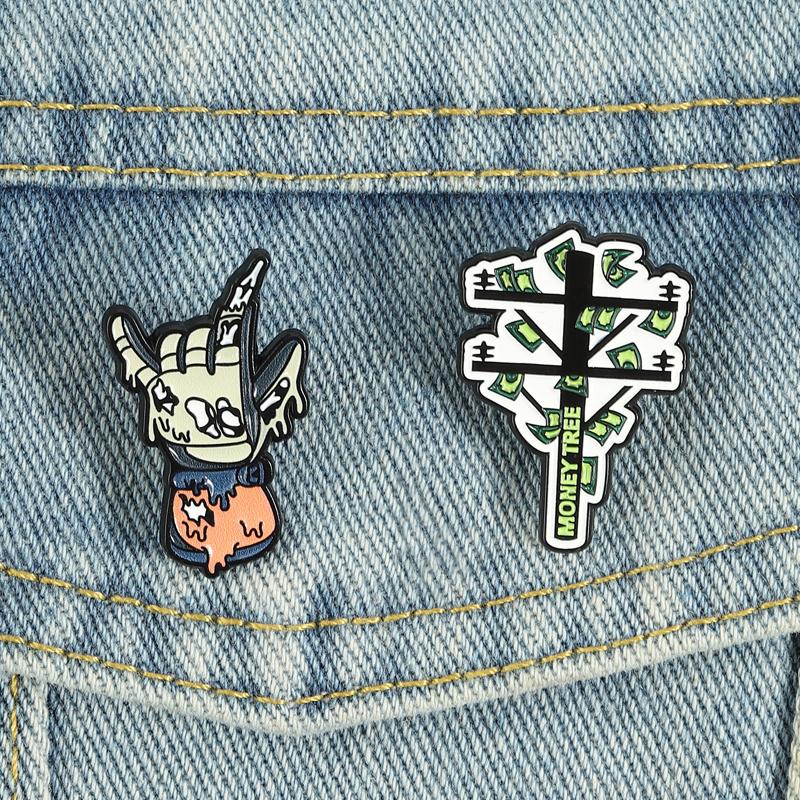 Streetwear Skeleton Hand Money Tree Enamel Pins Cool Gesture Brooches Trendy Lapel Badges for Backpacks Edgy Gifts For Teens