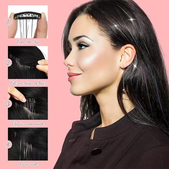 12 Stück Clip-in Metallic Extensions Tiefes Lila Glitzer Leicht 20 Zoll Lang Perücke Einfach Anzubringen Haarverlängerungen