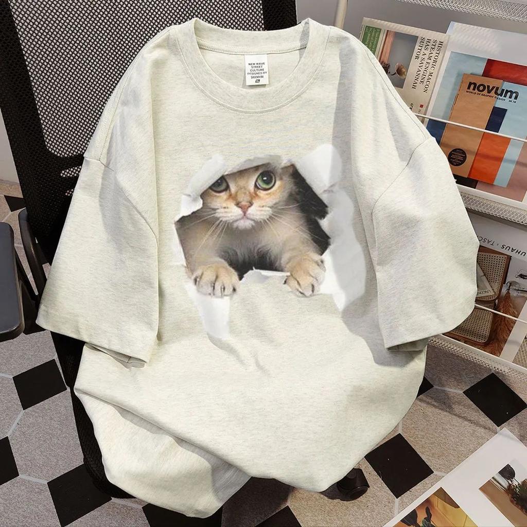 Cotton Cat Print Summer Short-sleeved T-shirt Women's Loose Casual and Thin Versatile Crew Neck Couple Heavy Ins