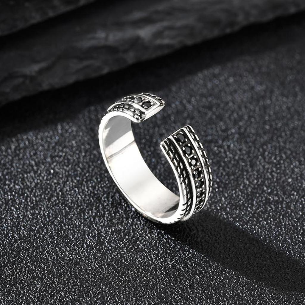 Fashion Tire Texture Black Cubic Zircon Open Ring for Men, Silver Color Metal Chunky Ring, Vintage Punk Finger Jewelry Gifts