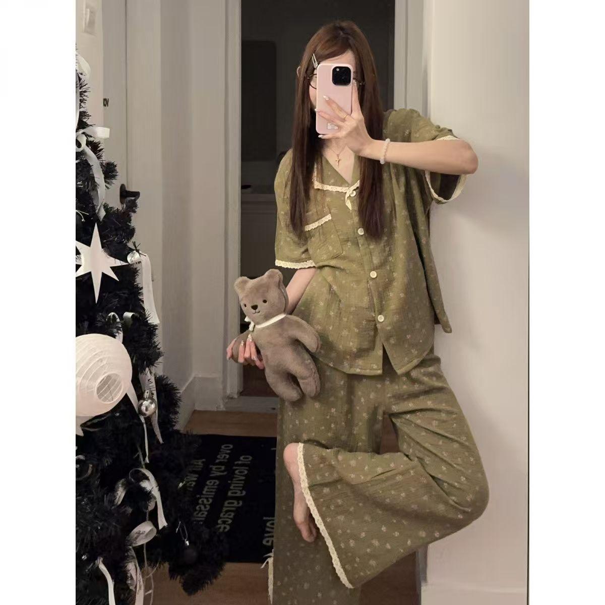 

Korean high-end olive green pajamas women s summer short-sleeved trousers two-piece set girl casual lazy style loungewear XXL