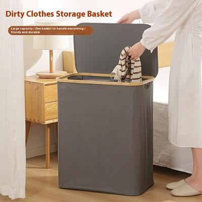 Size XL 600D Oxford Fabric Rectangular Foldable Laundry Hamper Bamboo Frame Dirty Clothes Basket with Lid