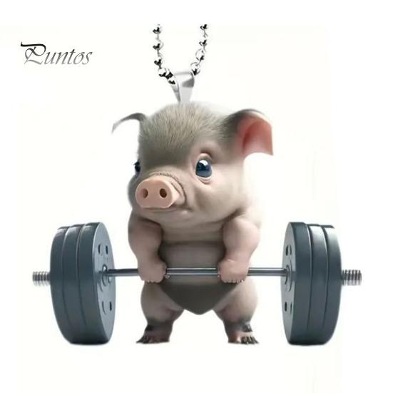Porte-clés Pendentif Cochon Unique Mignon Cochon Haltérophilie Pendentif de Voiture, Acrylique Plat 2D Miroir Rétroviseur Compact Ornement Suspendu Décor, Porte-clés,