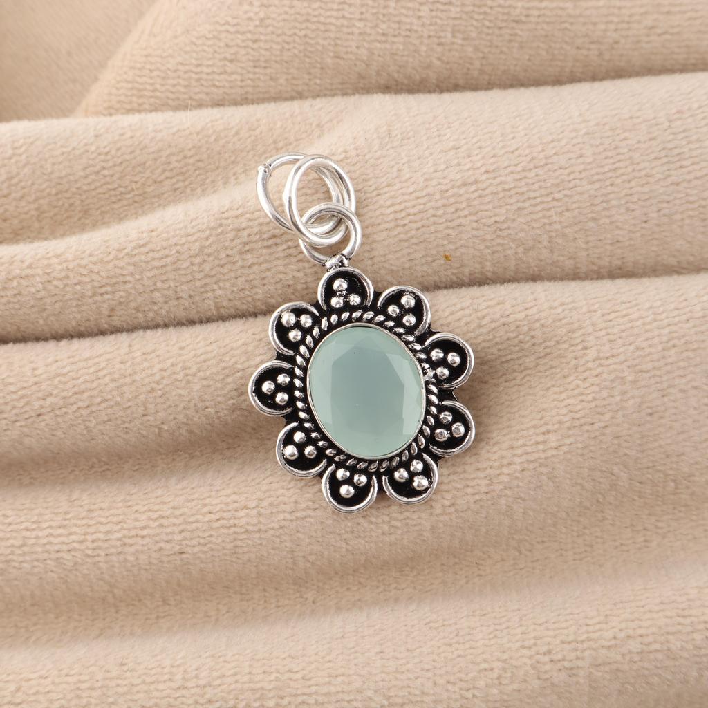 Aqua Chalcedony Gemstone 925 Sterling Silver Boho Jewelry Handmade Designer Pendant 1.37" CP-40-19