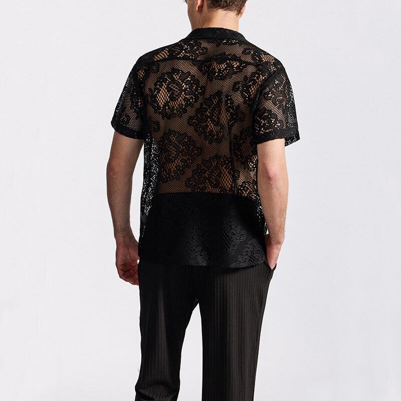 Summer Men's Mesh Lace Knit Short Sleeve Shirt Streetwear Hollow-Out Dance Perspective Shirts Nightclub Disco Performance Tops