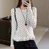 Women's Slim Fit Long Sleeve T-Shirt with White Polka Dot Lace, Round Neck, and Plus Velvet for Autumn/Winter
