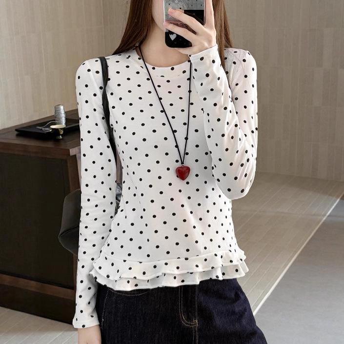 Women's Slim Fit Long Sleeve T-Shirt with White Polka Dot Lace, Round Neck, and Plus Velvet for Autumn/Winter