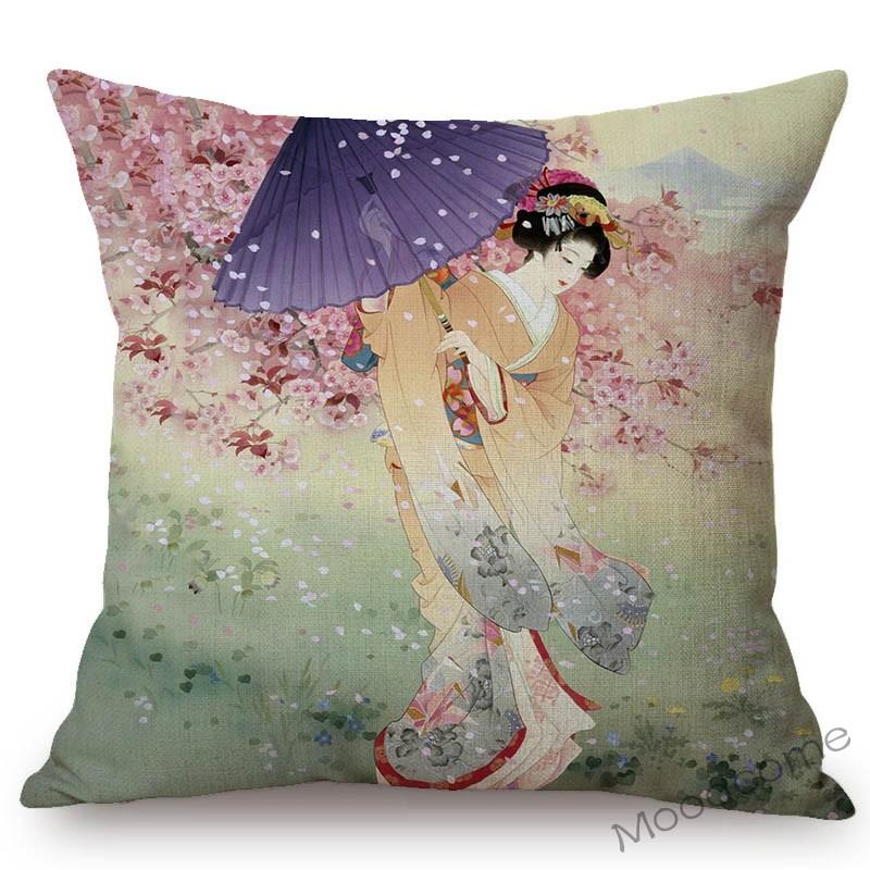 Floral Asian Girl Woman Japanese Geisha Art Sofa Pillow Case Japan Painting Beauty Goddess Home Decor Cotton Linen Cushion Cover
