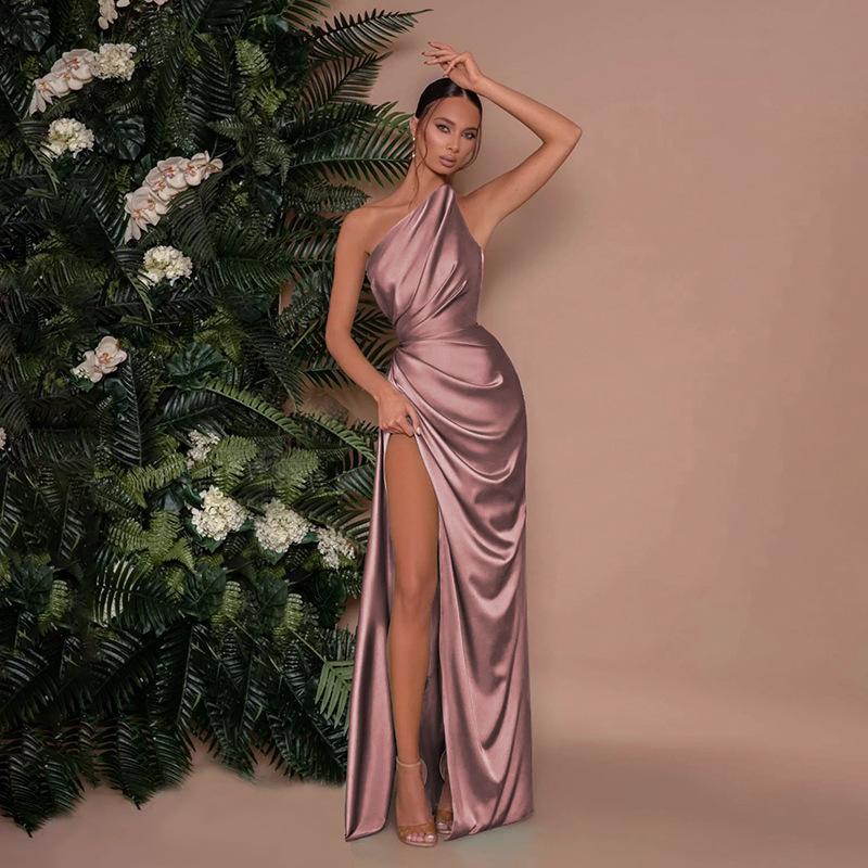 One Shoulder Sexy Split Satin Dress Dress Women's European and American New Temperament Fashion Dress