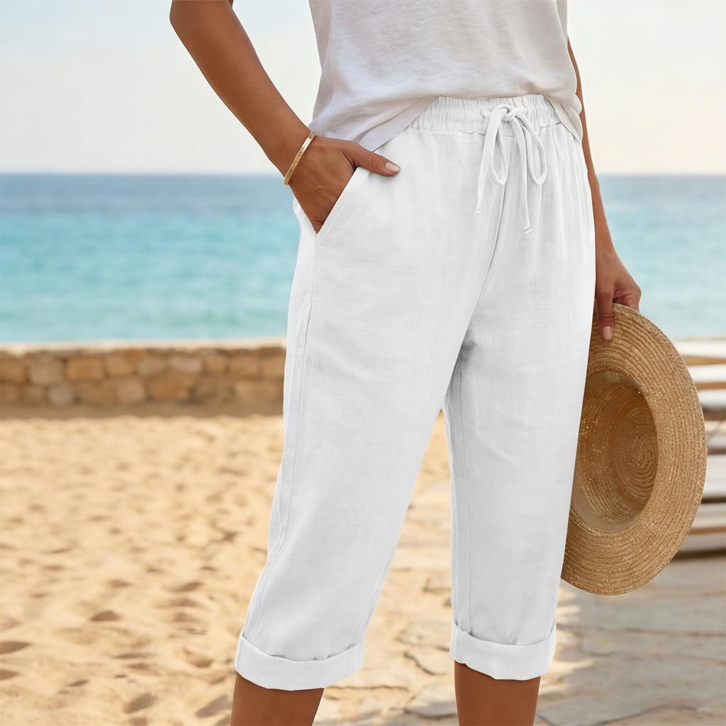 Women Drawstring Waist Linen Capri Pants with Pockets Loose Fit Lightweight Cropped Trousers for Casual Daily Wear