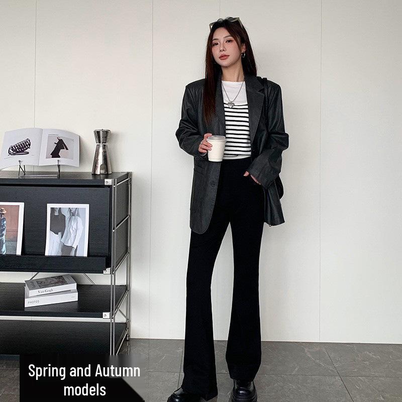 Women's High Waist Black Flared Velvet Trousers - Slim Fit, Casual, Autumn/Winter Wide Leg Pants