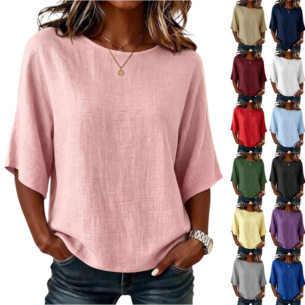Women's Vintage Neck Short Sleeve T-Shirt Loose Fit Blouse for Everyday Wear