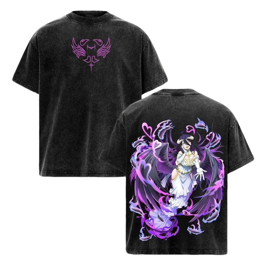 Anime Overlord Albedo Retro T Shirt Harajuku Vintage Washed T-shirt Men Women Clothing Casual Oversized 100% Cotton Tees Clothes