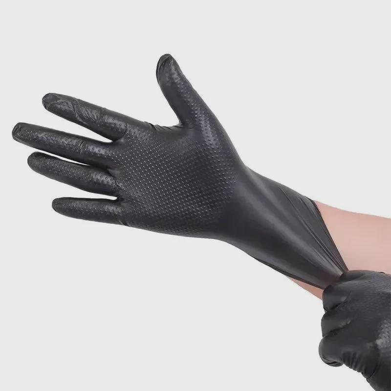 Durable Black PVC Nitrile Disposable Gloves - Diamond Pattern, Non-Slip, Oil Resistant, Orange Protective.