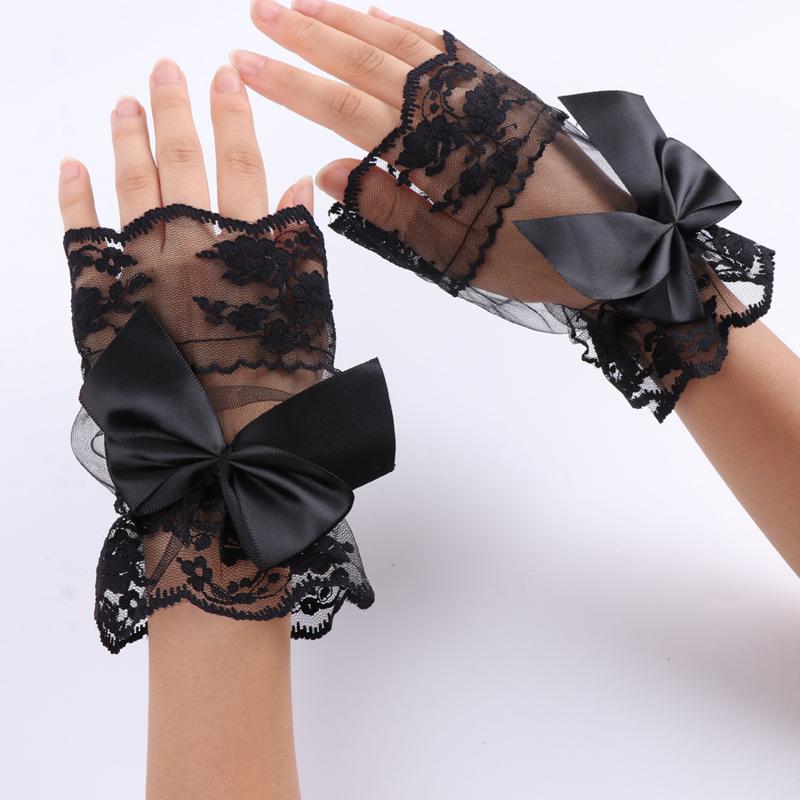 Lolita Black Hand Sleeves Short Lace Mesh Decoration Fake Cuffs Elastic Bracelet Wedding Party Dress Accessories