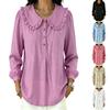 Women's Color Cotton Linen Loose Fit Long Sleeve Top with Collar