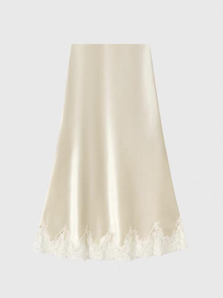 Glossy Satin French Lace Trim Midi A-line Skirt with Elastic Waist