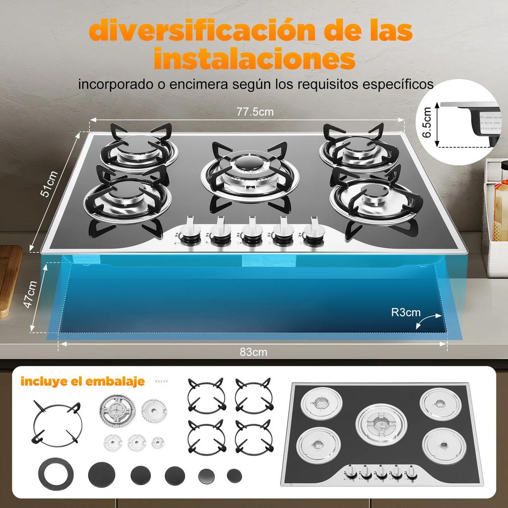 5-Burner Gas Stove, 30" x 20" Gas Cooktop W|Coated Glass, Electronic Pulse Ignition Countertop Stove for Home Restaurant Kitchen