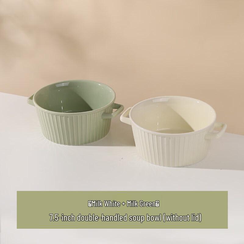 Cream Style Ceramic Double-Handled Soup Bowl with Lid