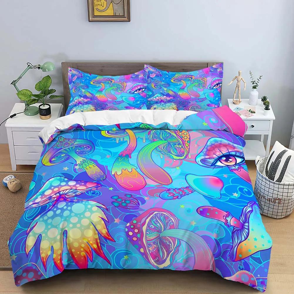 Blue Purple Beding Mushrom Soft Duvet Cover Set Fantasy Galaxy Sky Mushrom Design Psychedelic Young Boys Young Girls Gifts Bedrom Decoration