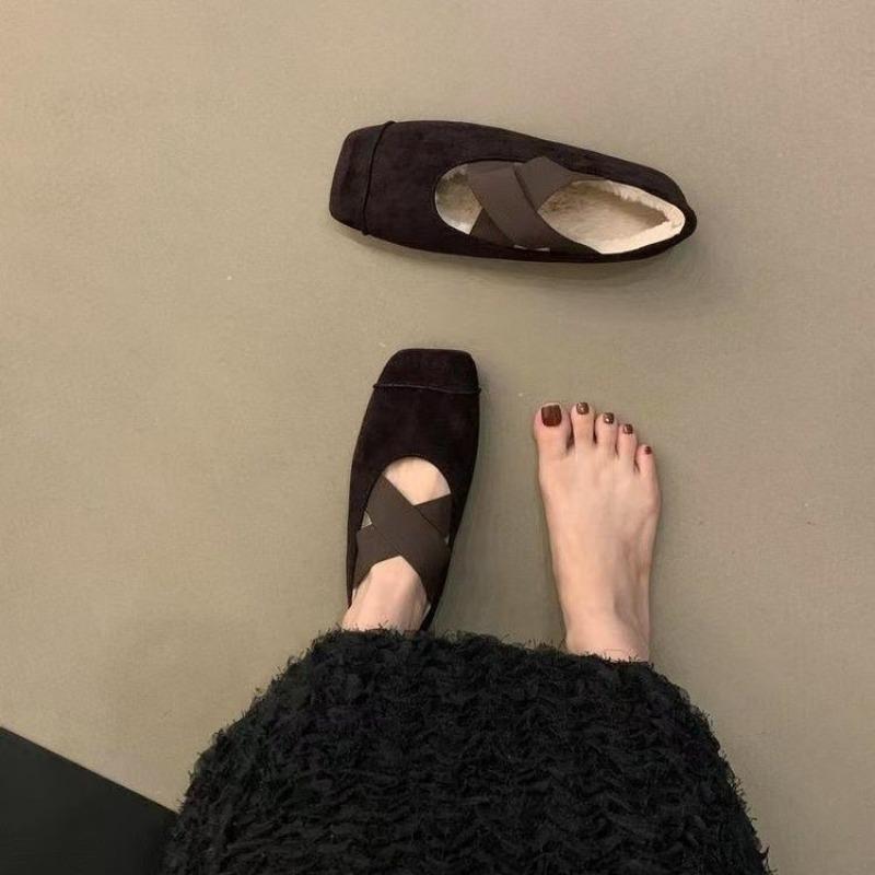 2024 Women's Flat Suede Cross Strap Elastic Band Solid Color Ballet Flats Square Toe Plus Velvet Warm Slip-on Women's Shoes