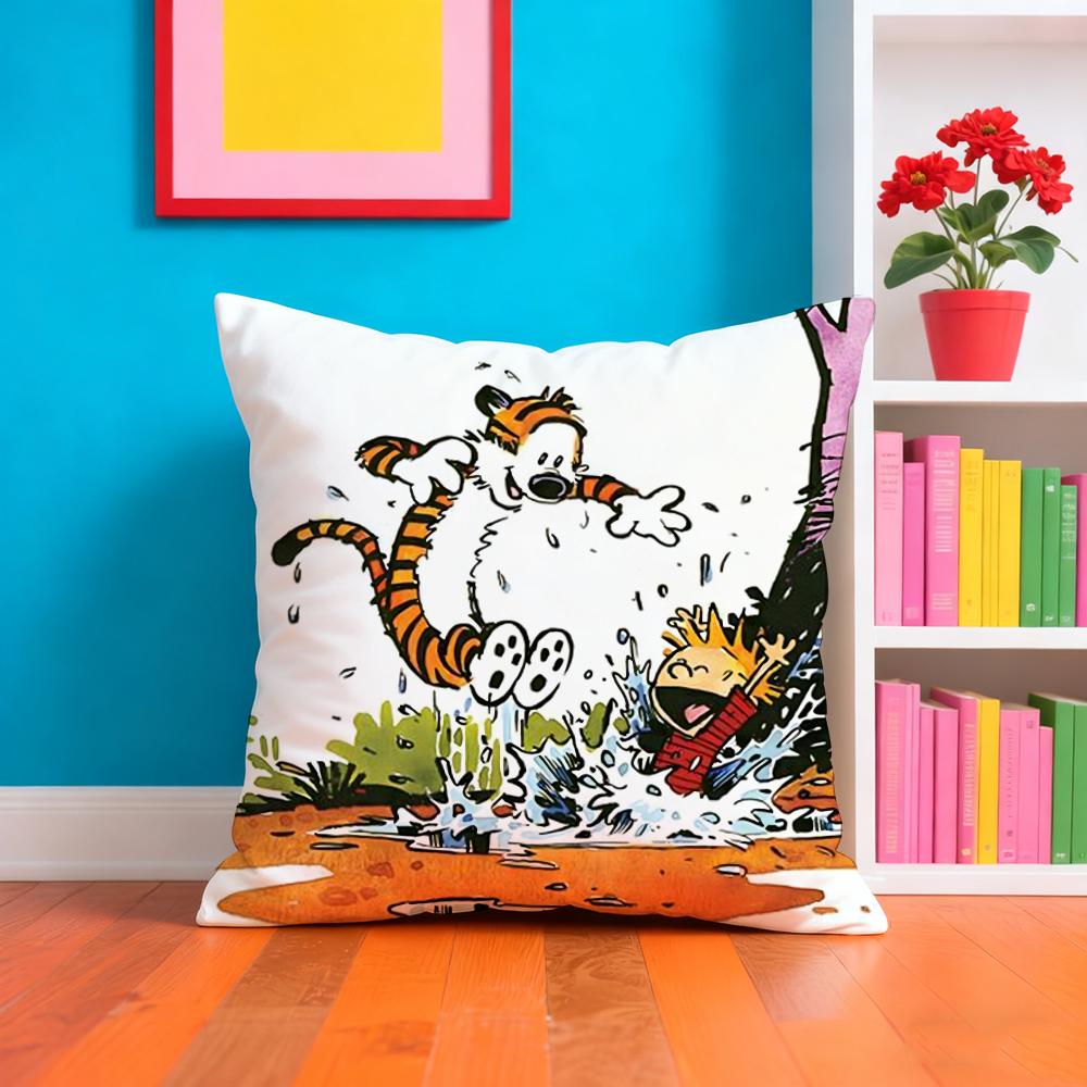 C-Calvin And H-Hobbes Cushion Cover Plush Fabric Soft Double-Sided Printed Sofa Warm Winter Home Gift Pillow Case