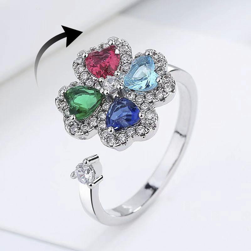 Adjustable Colorfast Zircon Clover Open Ring for Women