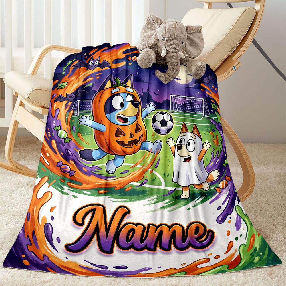 Bluey's Soccer Adventure Customize Your Name Blanket Gift Personalized Blanket Comfortable Versatile for Office Chair Couch Nap Picnics