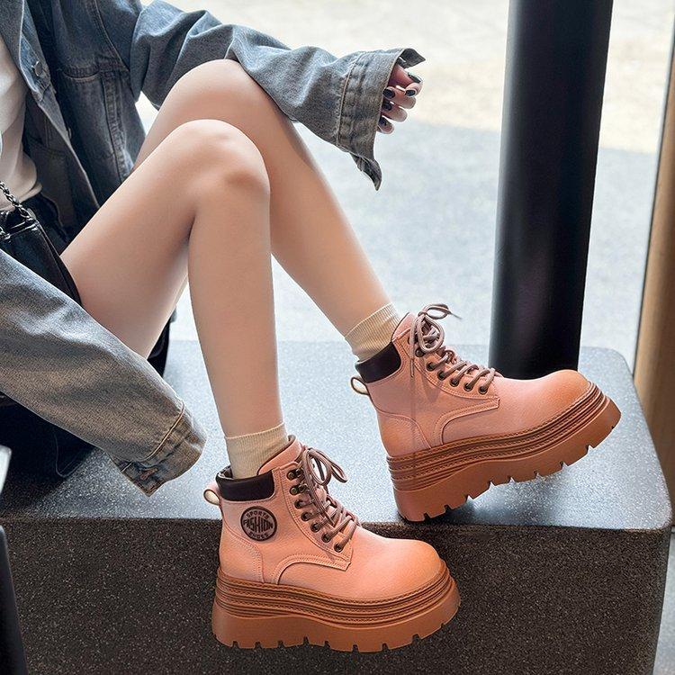 Leather thick-soled heightening short boots rhubarb boots women's 2025 autumn new versatile Internet celebrity explosion strap Martin boots