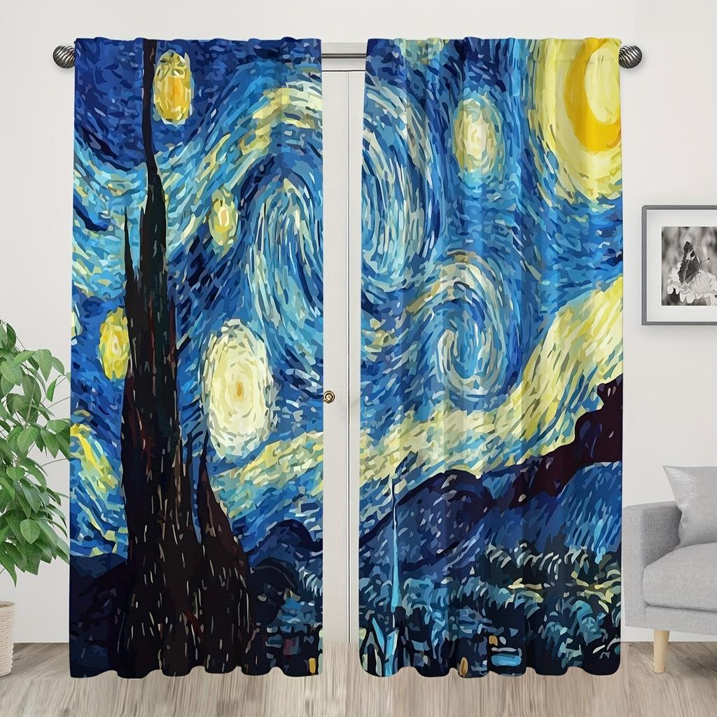 2pcs Van Gogh Starry Sky OilPainting Print Curtains Rod Pocket Curtain For Living Room Bedroom Office Kitchen Study Home Decor