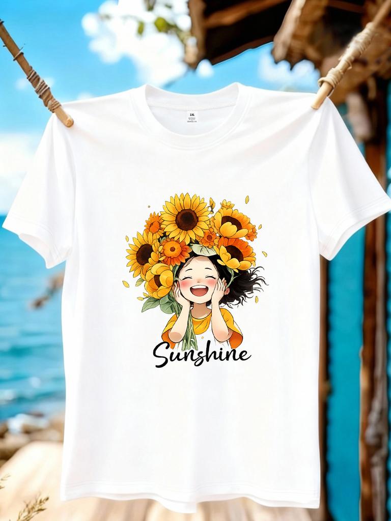 Wzm10883sunflower Girl Print Plus Size Unisexs Round Neck Summer Casual Short Sleeved Street Fashion Versatile Tshirt