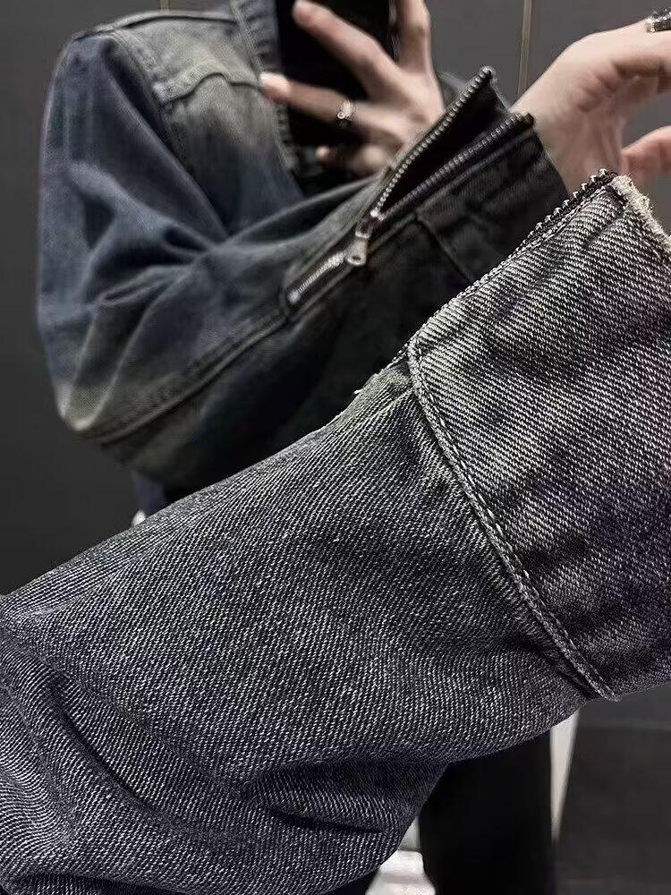 Men's Distressed Retro Slim-fit Denim Jacket - Casual Zipper Outerwear for Spring & Autumn.
