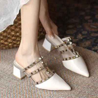 Mode Damenmode Hausschuhe Hohl Weide Nagel Vielseitig Bequem Einzelne Schuhe für Frauen Mittlerer Absatz Rutschfest Ein Tritt Schuhe