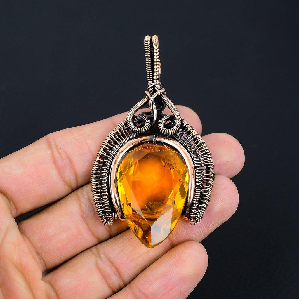 Citrine Gemstone Handmade Pure Copper Wire Wrapped Earring Jewelry For Memorial Day