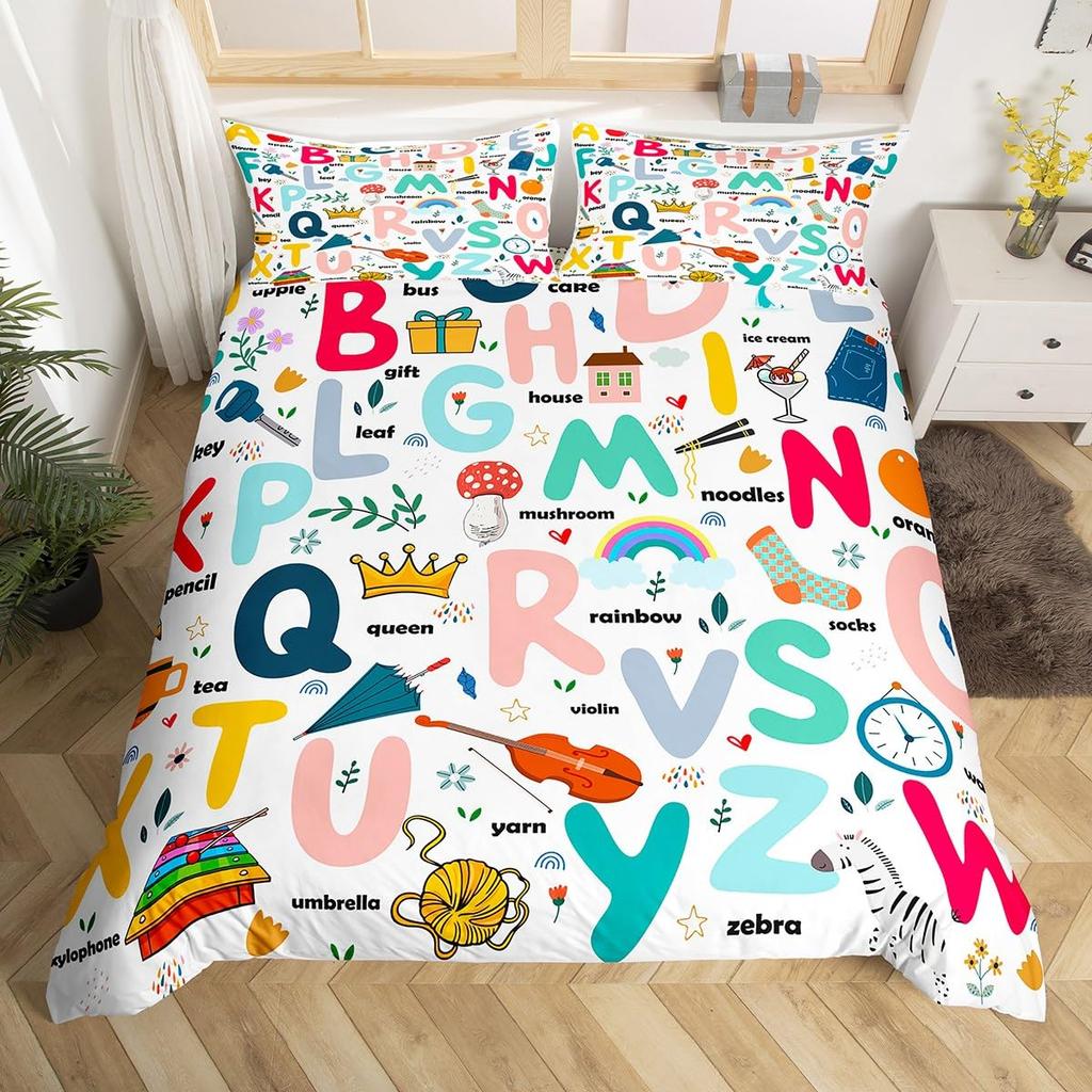 Outer Space Planet Galaxy Duvet Cover Twin King Kids Cartoon Bedding Set ABC Alphabet Learning Comforter Cover with 2 Pillowcase