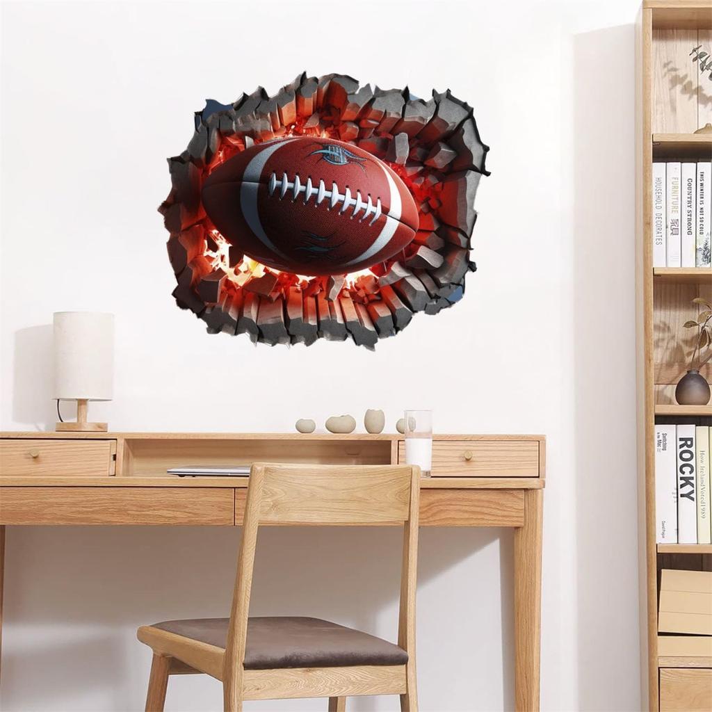 3D Football Wall Decal Rugby Break Through Wall Stickers Peel And Stick For Man Cave Teen Kids Boys Bedroom Playroom Game Rooms Decor Sport Wall