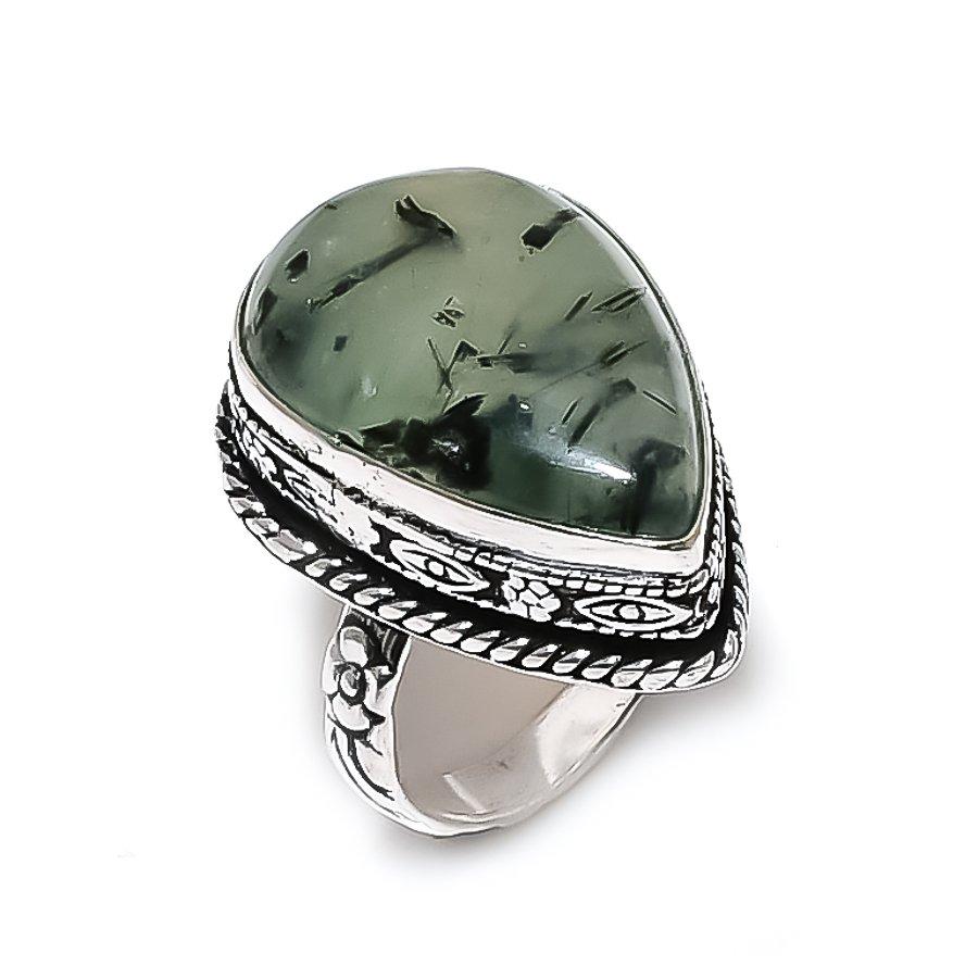 Natural Prehnite Gemstone Handmade 925 Steling Silver Jewelry Ring Size 7 ETC-5871