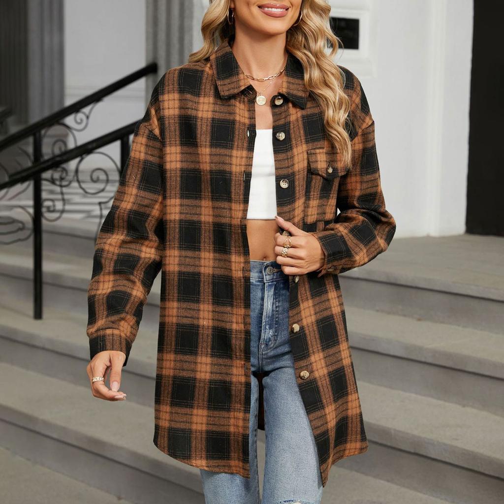 Modische, weit karierte Hemdjacke für Damen mit langen Ärmeln und losen Knöpfen