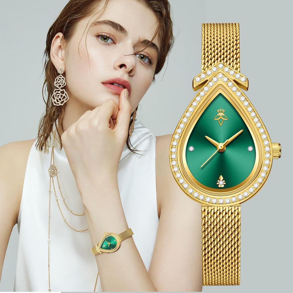 Elegant Diamond Crystal Quartz Watch for Women Fashion Golden Mesh Band Ladies Wristwatch Unique Design
