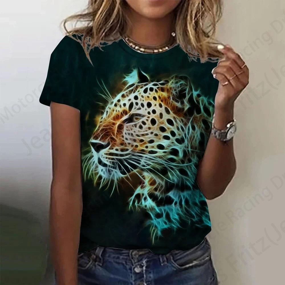 3D Printed Leopard Print Women's Short Sleeved T-shirt, Women's Top, Suitable for Daily Wear