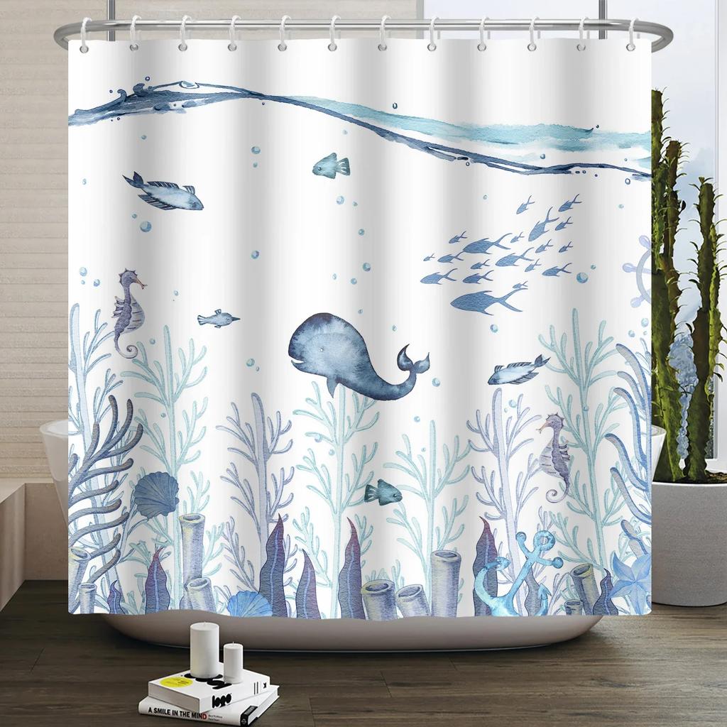 Nautical Coastal Shower Curtain Starfish Coral Seashell Beach Ocean Bathroom Curtain Underwater Marine Waterproof Bath Curtain